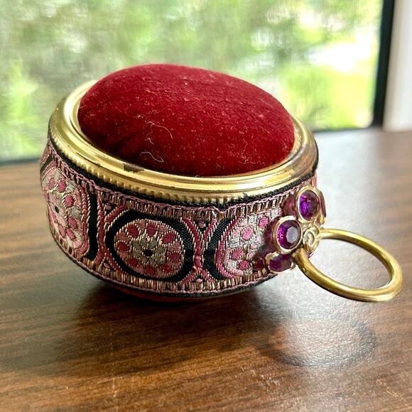 Vintage Red Velvet Pin Cushion with Brocade Trim and Jeweled Handle - Picture 2 of 5